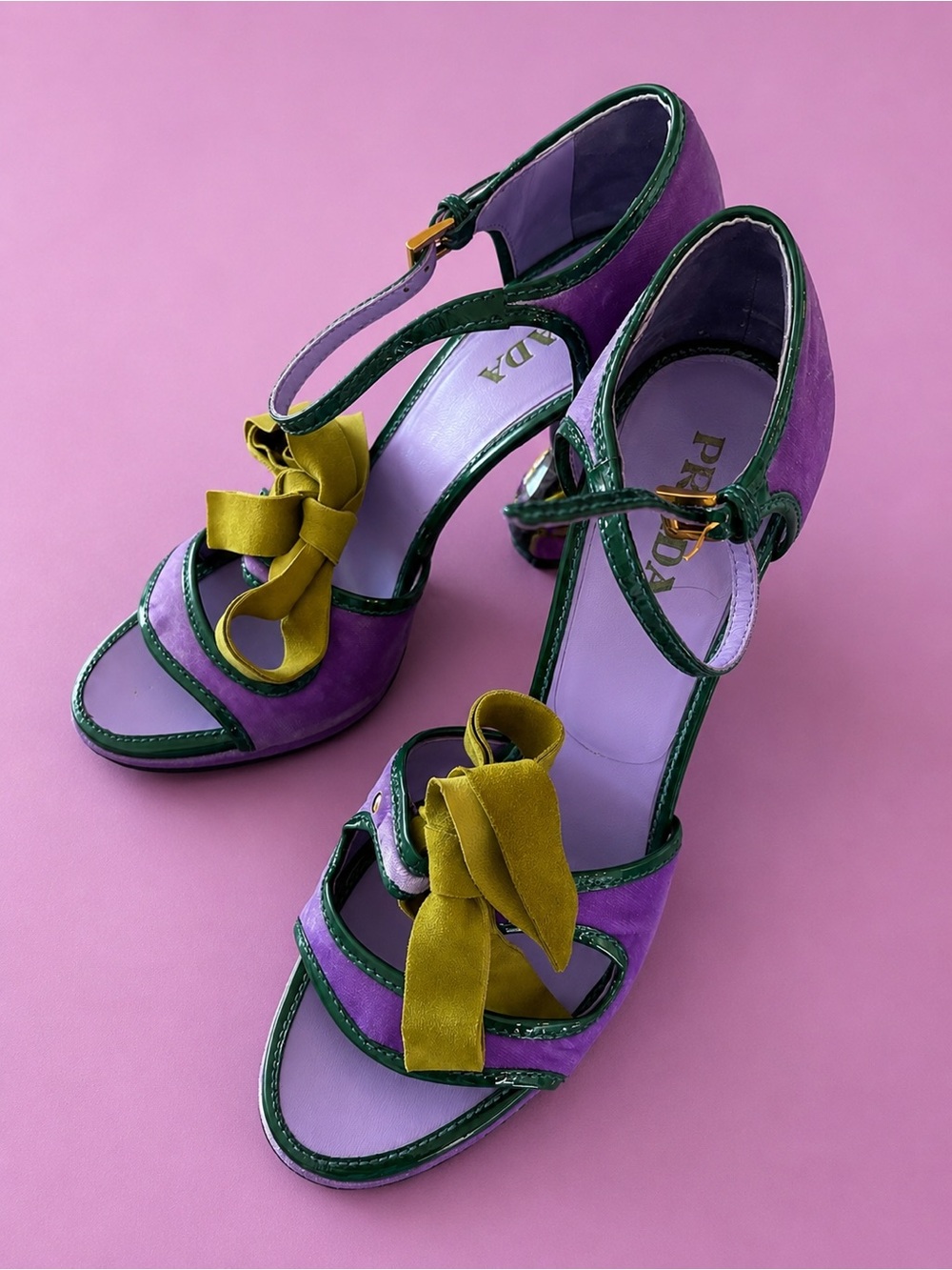 Prada Lavender Satin Heels with Green Trim and Mustard Bow - Picture 5 of 7